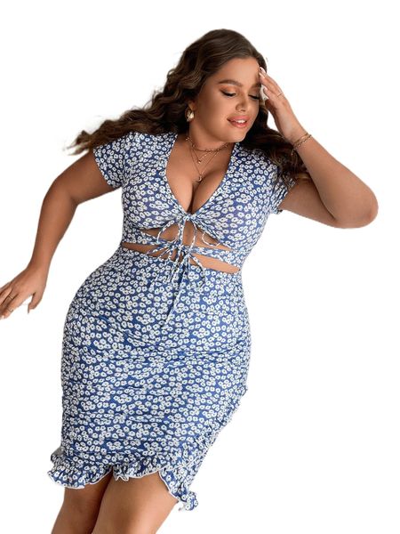 

plus ditsy floral knot front cut out tulip hem bodycon dress q8un#, Black