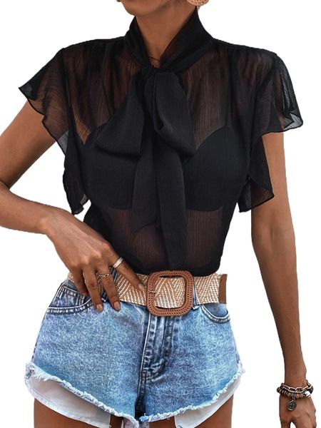 

t.ie n.eck r.uffle trim s.emi-sheer b.louse without bra d6v2#, White
