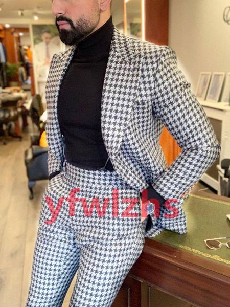 

classic houndstooth wedding tuxedos peak lapel mens suit two pieces formal business mens jacket blazer groom tuxedo coat pants 01206, Black;gray