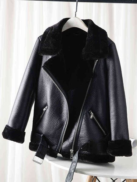 

ailegogo new 2022 winter women sheepskin coat streewear thick warm pu faux lamb leather jacket with belt loose outwear l220728, Black