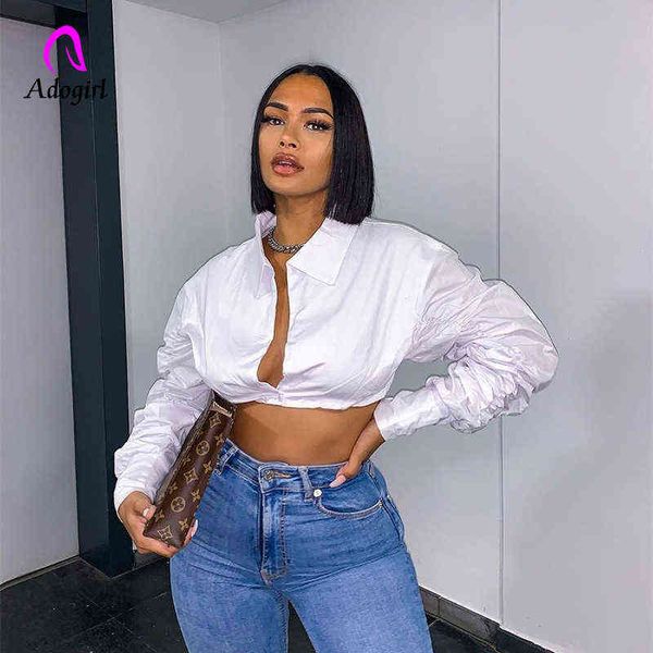 

women's blouse deep v neck white crop for women fashion ruched t220823