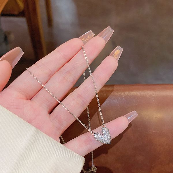 

south new peach heart steel necklace ins fashion light luxury niche exquisite full diamond love collarbone chain neck, Silver