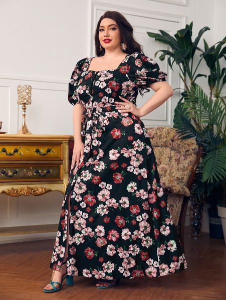 

plus floral print puff sleeve belted dress a56n#, Black