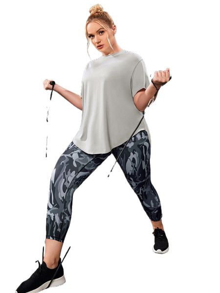

plus lightweight high stretch sports tee & camo print sports leggings d1ii#, Black