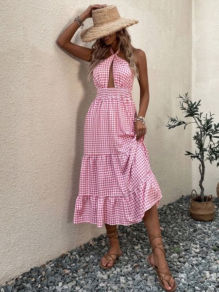 

gingham cut out shirred waist backless ruffle hem halter dress t0i5#, Black;gray