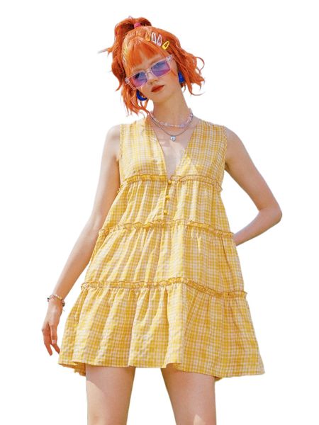 

romwe y2k revival plaid frill trim button front smock dress b46r#, Black;gray