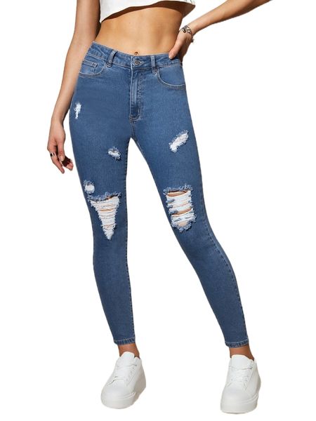 

high stretch ripped skinny jeans x6x9#, Blue