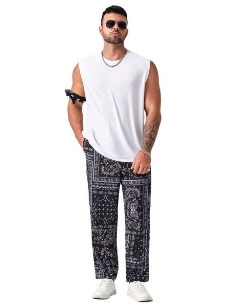 

extended sizes men paisley print straight leg pants m0nf#, Black