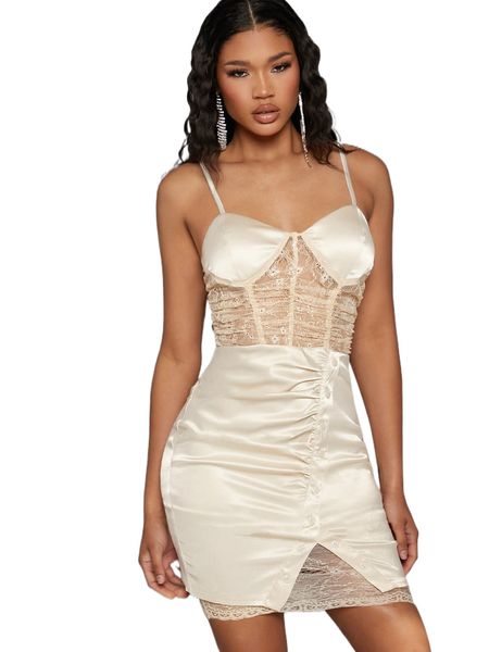 

lace insert ruched button front cami dress z2mm#, Black;gray