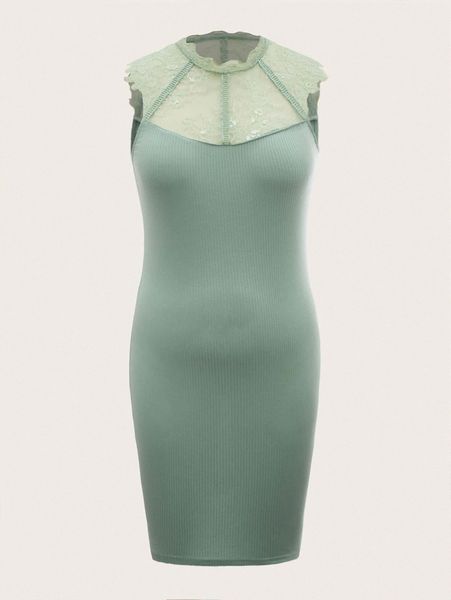 

plus contrast lace rib knit tank dress o6hh#, Black