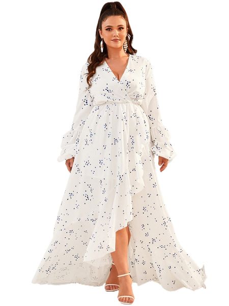 

plus allover print flounce sleeve wrap hem dress x9el#, Black