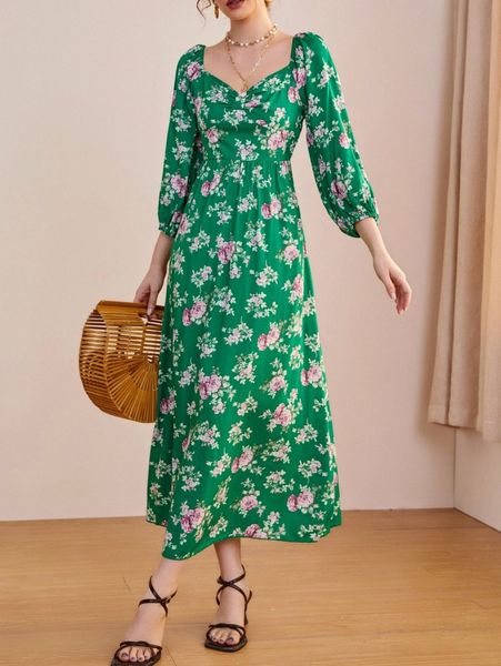 

sweetheart neck puff sleeve floral print dress l4ct#, Black;gray