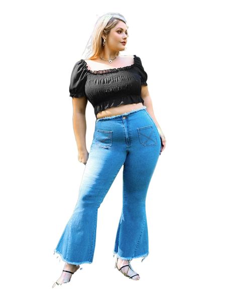 

plus raw hem flare leg jeans d1wu#, Blue