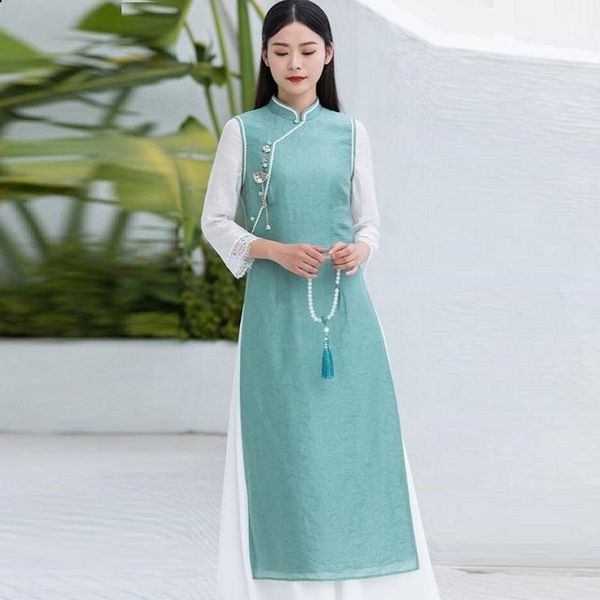 Ethnische Kleidung Frauen Elegante Ao Dai Langarm Sommer Vietnam Kleid 2022 Retro Stehkragen Cheongsam Anzug Asiatische Kleidung Tee qipao TA2391