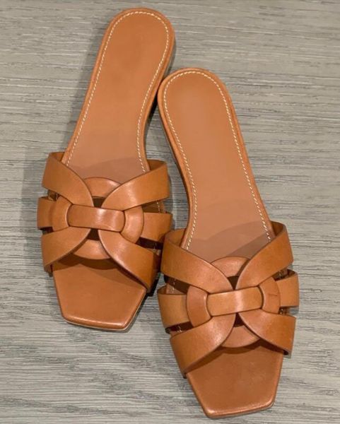 

sl shoe ysluxury brand woman sandal flats outdoor beach slide shoes tribute flat sandals nu pieds calf leather sandals with boxyslity, Black
