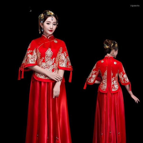 Ethnische Kleidung Chinesisches Hochzeitskleid Cheongsam Qipao Stehkragen Stickerei Halbarm Quasten Rotes traditionelles Kleid 4458Ethnisch EthnischE