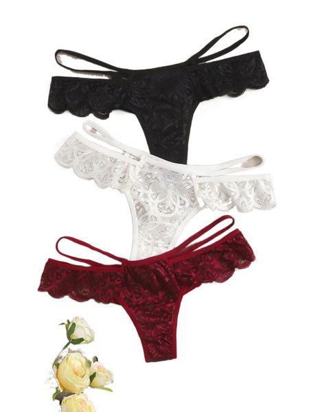 

3pack floral lace thong d1l1#, Black;red