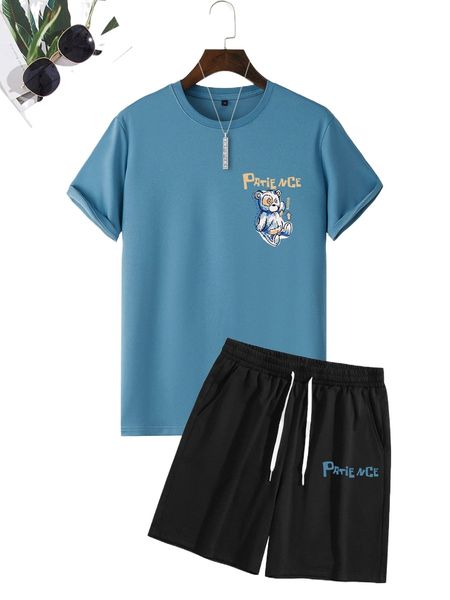 

men bear & letter graphic tee & drawstring waist shorts d94h#, Gray