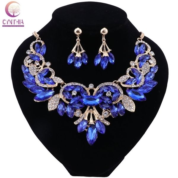 

cynthia fashion blue crystal necklace earrings set bridal jewelry sets for brides wedding party costume jewellery set 220716, Silver