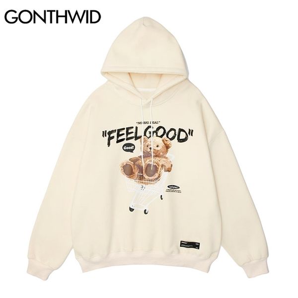 

gonthwid men hip hop hoodie sweatshirt streetwear funny bear print hooded harajuku winter cotton fleece pullover khaki black 220325