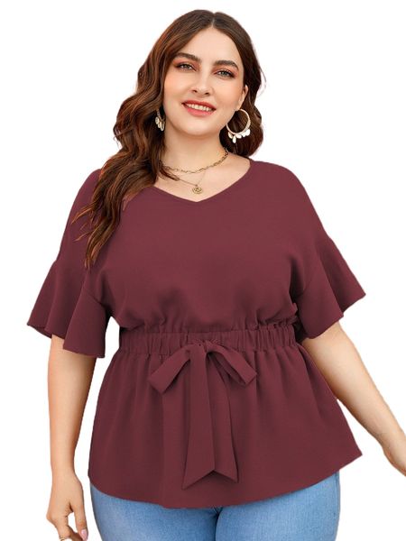

plus flutter sleeve peplum hem tie front blouse l4ws#, Black