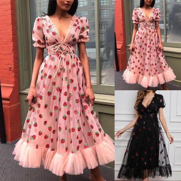 

casual dresses fashion women puff sleeve v-neck strawberry print ladies long dress summer for 2022 vestido de muje, Black;gray