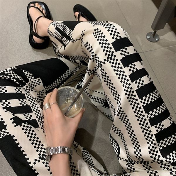 

korobov women high waist wide leg pants korean streetwear hit color plaid striped patchwork trousers vintage ol 220325, Black;white