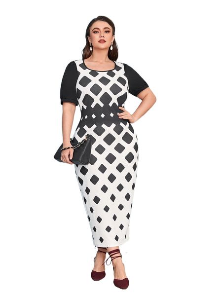 

plus plaid print fitted dress c6ku#, Black
