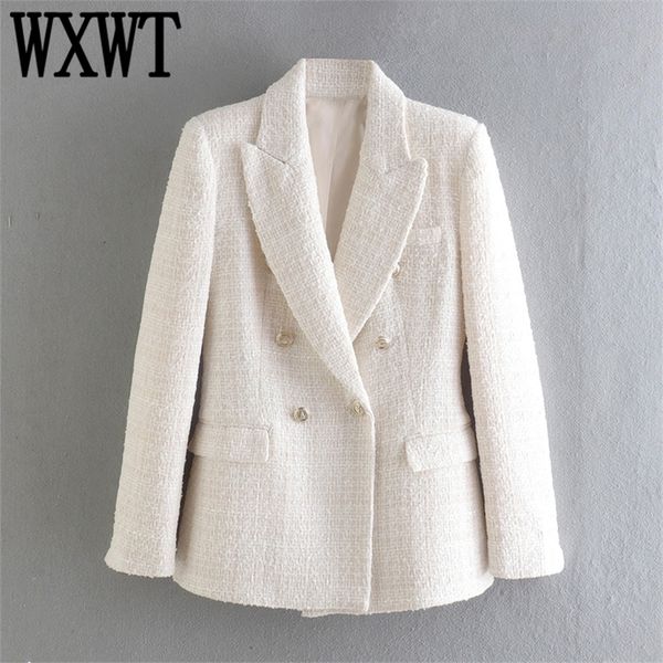 

wxwt women solid tweed double breasted blazer coat long sleeve pockets outerwear female spring cd8395 220722, White;black