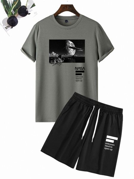 

men slogan & graphic tee and drawstring shorts set 28yv#, Gray