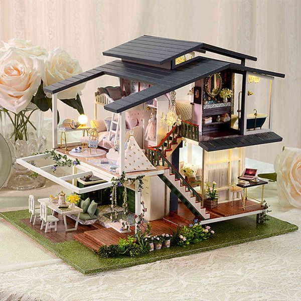 Büyük Bebek Evi Mobilya Minyatür Yapı Kitleri DIY Dollhouse Kiti Roombox Villa Bahçe Ahşap Evleri Oyuncak Çocuklar için Yetişkin Hediyeler AA220325