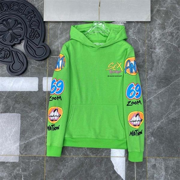 

men's hoodies & sweatshirts men's korean fashion trendy men ch green records graffiti limited sweater hooded jacket 5s2e, Black