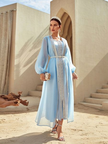 

lace trim open front belted coat & slit hem dress set l9cz#, White