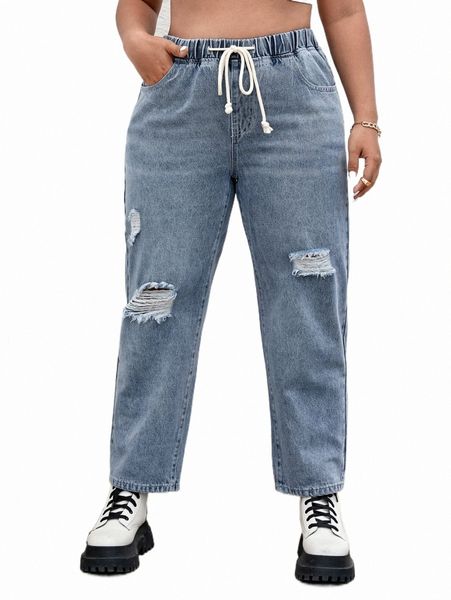 

plus drawstring waist ripped frayed tapered jeans 52v1#, Blue