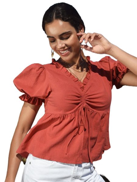 

puff sleeve drawstring front peplum blouse t9nl#, White