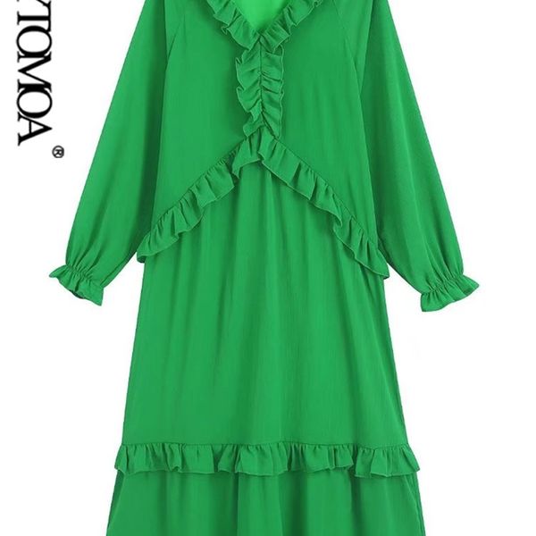 

kpytomoa women fashion with lining ruffled green midi dress vintage v neck long sleeve female dresses vestidos mujer 220516, Black;gray