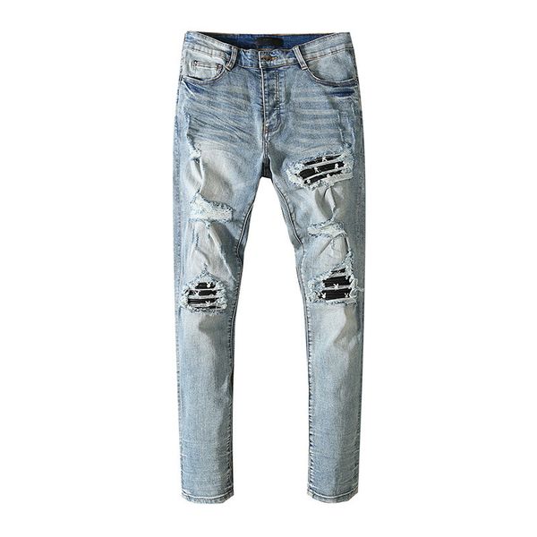 

jeans men designer pants for middle waist slim fit vintage thin colour long cotton make old black patchwork blue printing washing high stree