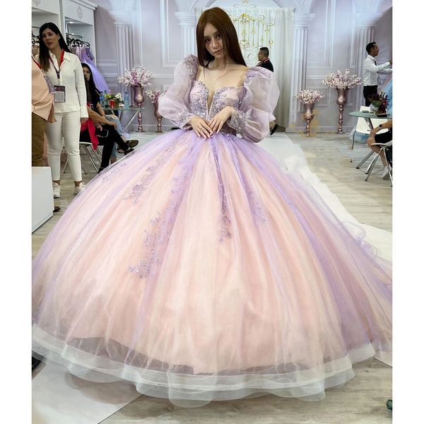 

new sweet light purple quinceanera dresses for 16 girl appliques backless long sleeve graduation prom dress princess ball gown vestidos de 1, Blue;red