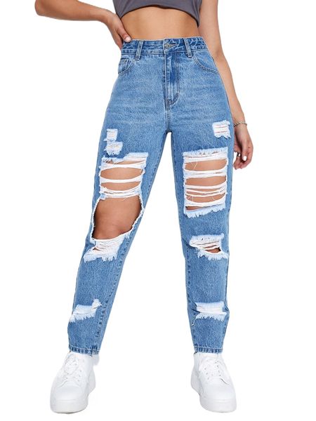

high waist cut out ripped mom fit jeans e6yg#, Blue