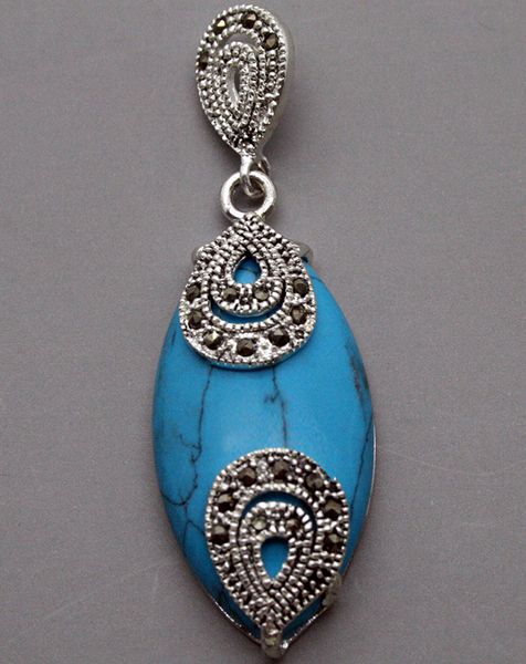 

925 sterling silver blue turquoise marcasite pendant 18x40mm