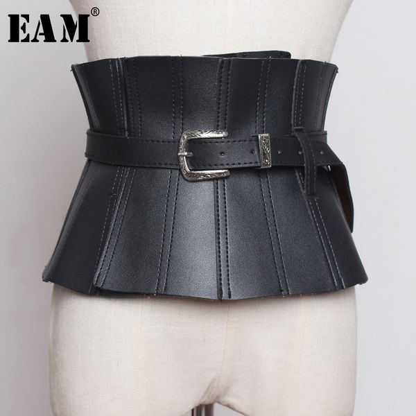 

[eam] spring summer pu leather black ruffles buckle split joint personality wide belt women fashion all-match jw179 220321, Black;brown