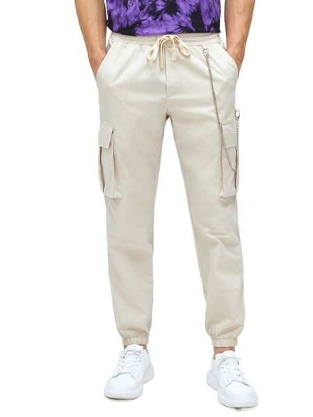 

men flap pocket chain detail drawstring waist cargo pants l4yb#, Black