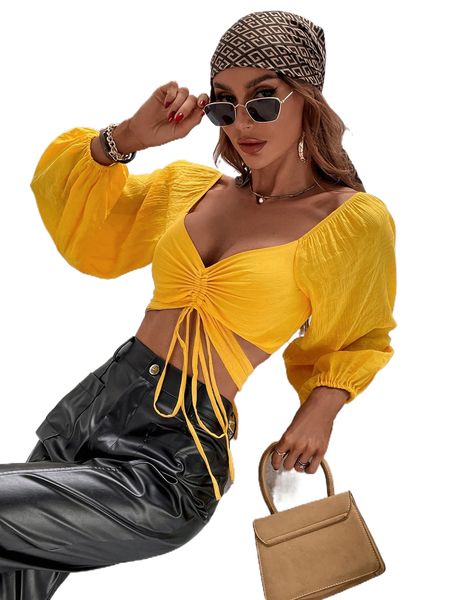 

drawstring sweetheart neck lantern sleeve tie back z2b1#, White