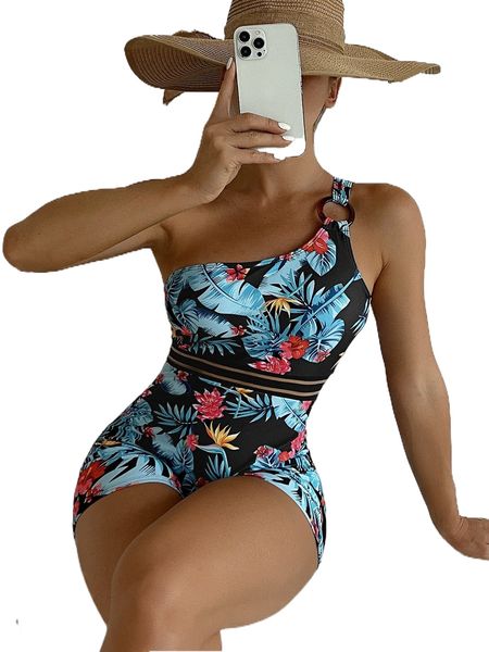 

tropical print one shoulder one piece swimsuit y3ed#, White;black