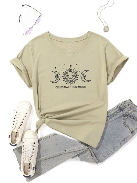 

moon & sun & letter graphic tee 55h4#, White