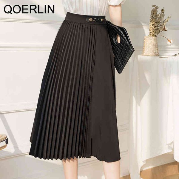 

qoerlin minimalism ol style pleated skirts women high street solid high waist skirt elegant kneelength outfits female clothing 210412, Black