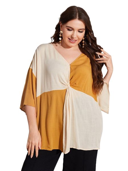 

plus two tone twist drop shoulder split hem blouse n5hl#, Black