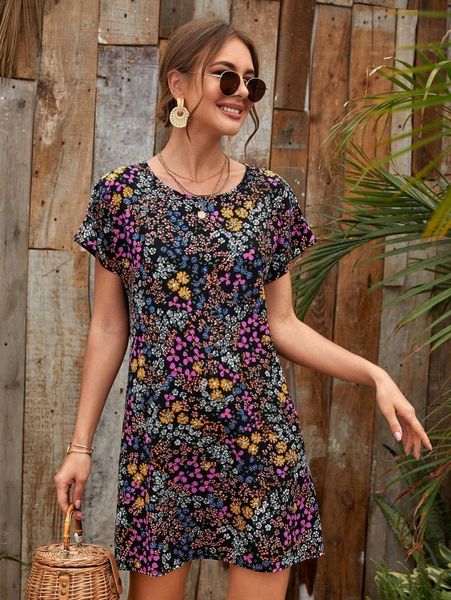 

allover floral print tunic dress m68h#, Black;gray