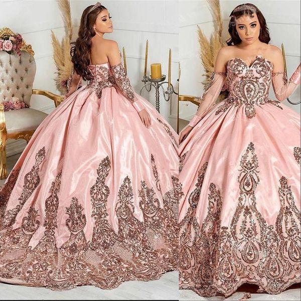 Розовые сексуальные сияющие платья Quinceanera Sweet 15 платья милая аппдавованная хрустальные платья для выпуска с рукавами розовое золото