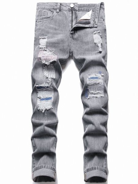 

men ripped embroidered detail jeans n64p#, Blue